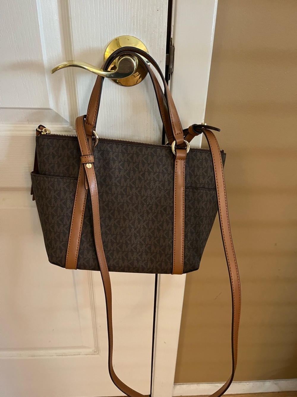 Michael Kors Brown Monogram Tote with Tan Leather Trim - Picture 2 of 5